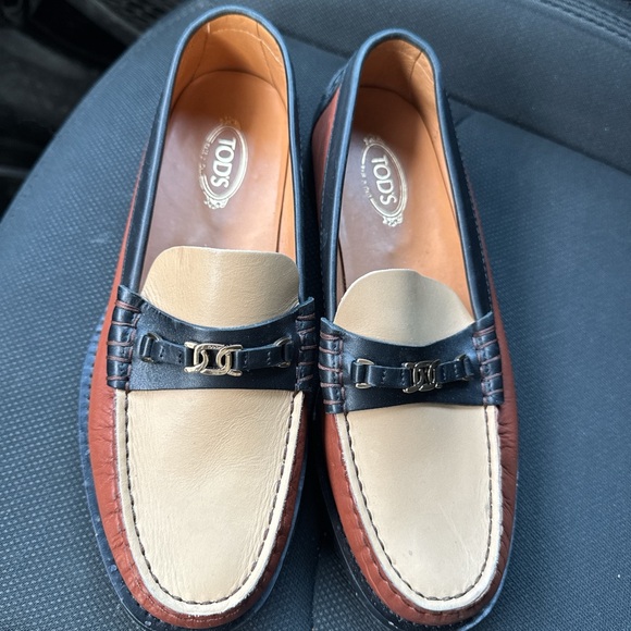 Tod's women color block Leather Loafers - Brown Tan and Blue